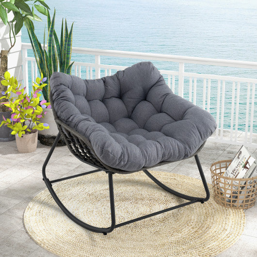 Outdoor Rocking Chair Oversized Patio PE Wicker Egg Chair with Cushion-Gray