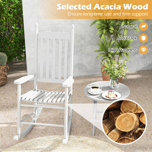 High-Back Acacia Wood Outdoor Rocking Chair with Solid Rocking Base-White