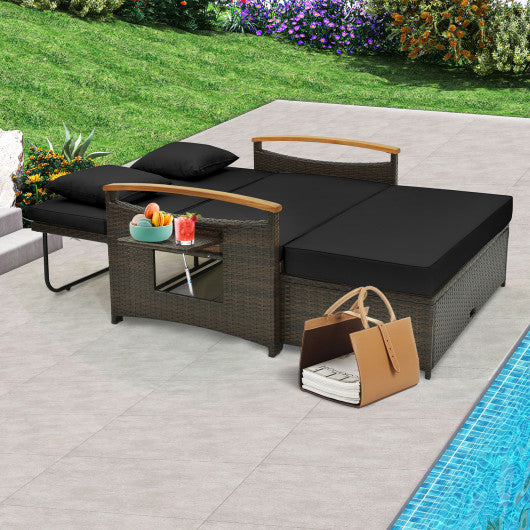 Outdoor Wicker Daybed with Folding Panels and Storage Ottoman-Black