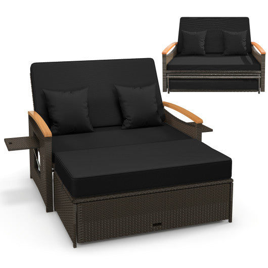 Outdoor Wicker Daybed with Folding Panels and Storage Ottoman-Black