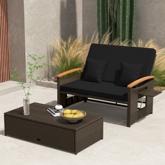 Outdoor Wicker Daybed with Folding Panels and Storage Ottoman-Black