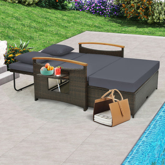 Outdoor Wicker Daybed with Folding Panels and Storage Ottoman-Gray