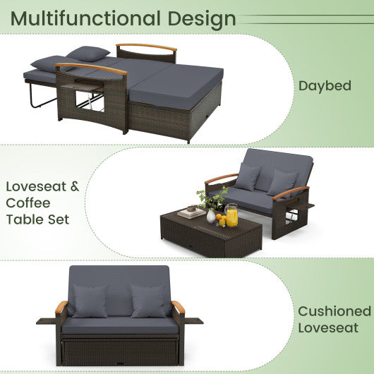 Outdoor Wicker Daybed with Folding Panels and Storage Ottoman-Gray