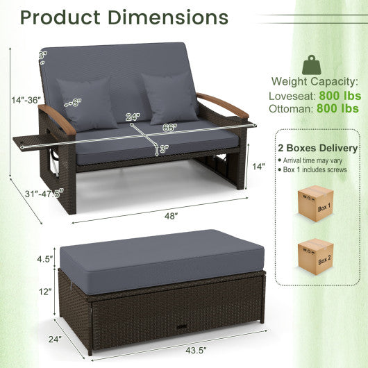 Outdoor Wicker Daybed with Folding Panels and Storage Ottoman-Gray