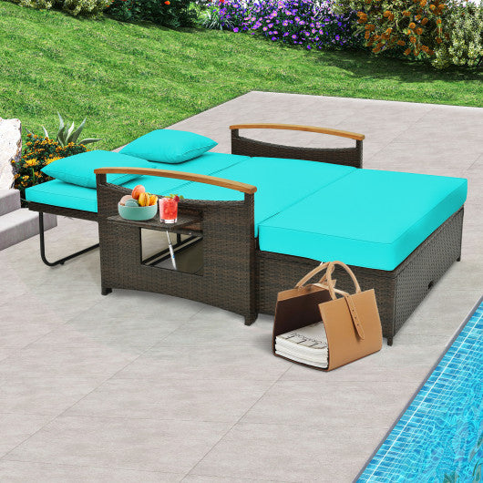 Outdoor Wicker Daybed with Folding Panels and Storage Ottoman-Green
