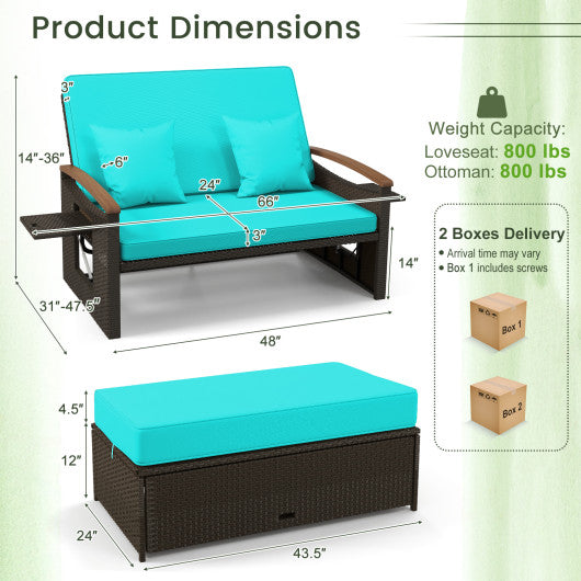 Outdoor Wicker Daybed with Folding Panels and Storage Ottoman-Green
