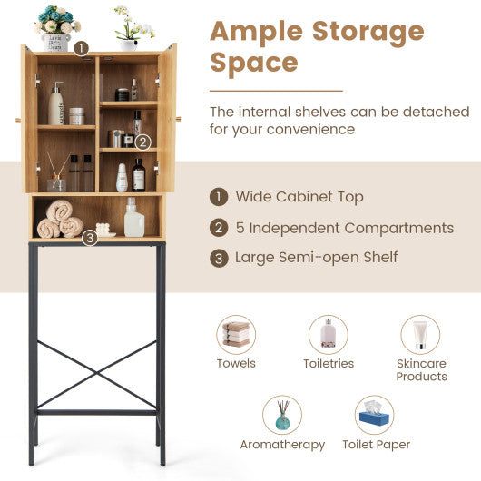 Over The Toilet Storage Cabinet with Rattan Doors and Shelves-Natural
