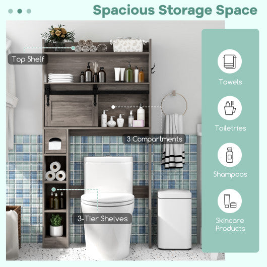 Over The Toilet Storage Cabinet with Sliding Barn Door and Adjustable Shelves-Gray