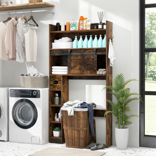 Over The Toilet Storage Cabinet with Sliding Barn Door and Adjustable Shelves-Rustic Brown