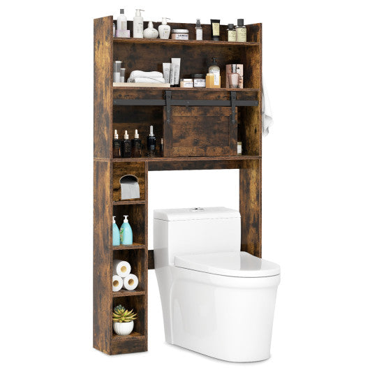 Over The Toilet Storage Cabinet with Sliding Barn Door and Adjustable Shelves-Rustic Brown