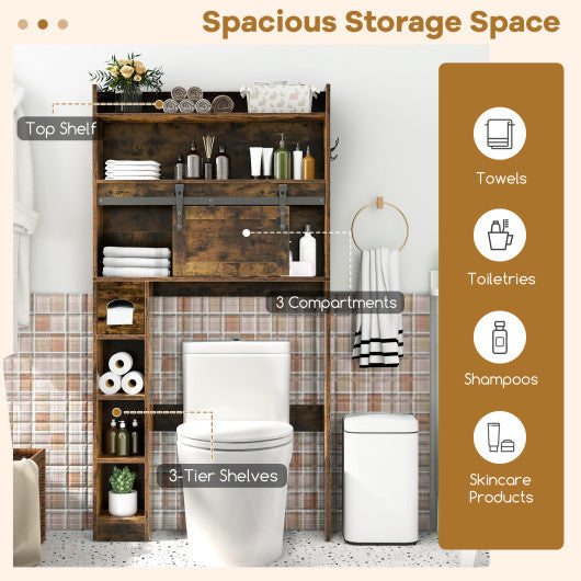 Over The Toilet Storage Cabinet with Sliding Barn Door and Adjustable Shelves-Rustic Brown
