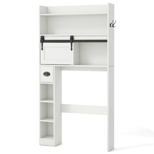 Over The Toilet Storage Cabinet with Sliding Barn Door and Adjustable Shelves-White