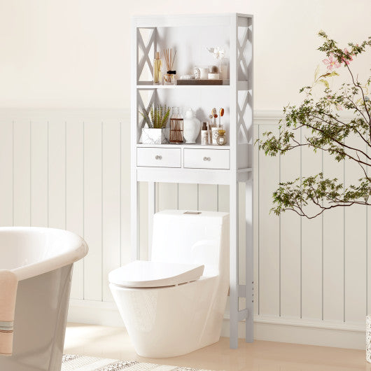 Over the Toilet Storage Rack Tall with Drawers Shelves and Adjustable Bottom Bar