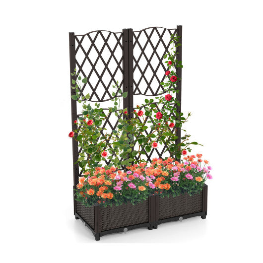 PE Rattan Raised Garden Bed with Trellis Planter Box for Climbing Plants-Brown