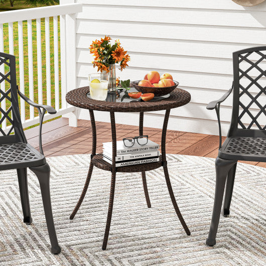 PE Wicker Patio Bistro Table Round with Tempered Glass Top and Shelf