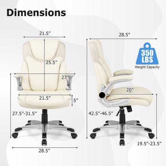 Ergonomic Office PU Leather Executive Chair with Flip-up Armrests and Rocking Function-White