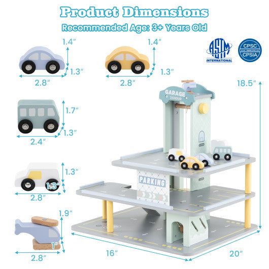 Parking Garage Playset with 4 Cars and Helicopter-Gray