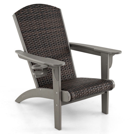 Patio Adirondack Chair with Rattan Padded Seat and Hidden Cupholder-Gray