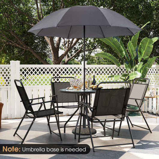 6 Pieces Patio Dining Set Folding Chairs Glass Table Tilt Umbrella for Garden-Gray