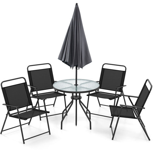 6 Pieces Patio Dining Set Folding Chairs Glass Table Tilt Umbrella for Garden-Gray