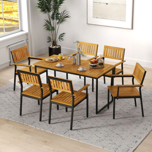 Patio Outdoor Dining Chair Set of 2 with Metal and Acacia Wood Frame