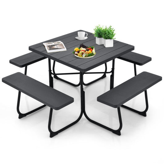 Outdoor Picnic Table with 4 Benches and Umbrella Hole-Black