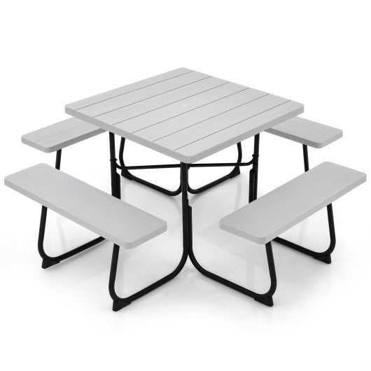 Outdoor Picnic Table with 4 Benches and Umbrella Hole-Gray