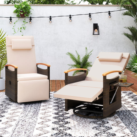 Patio Rattan 360° Swivel Recliner Chair with Adjustable Backrest and Footrest-Beige