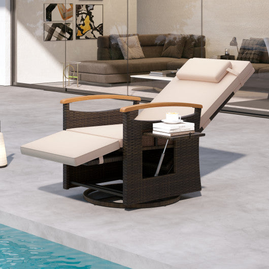 Patio Rattan 360° Swivel Recliner Chair with Adjustable Backrest and Footrest-Beige