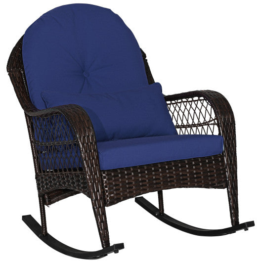 Patio Rattan Rocking Chair with Seat Back Cushions and Waist Pillow-Navy