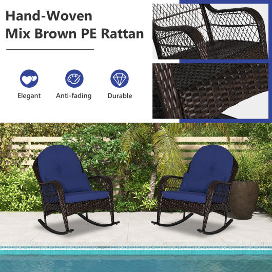 Patio Rattan Rocking Chair with Seat Back Cushions and Waist Pillow-Navy