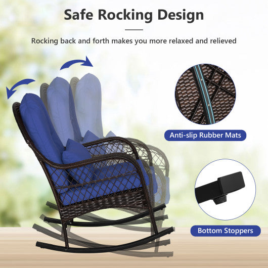 Patio Rattan Rocking Chair with Seat Back Cushions and Waist Pillow-Navy