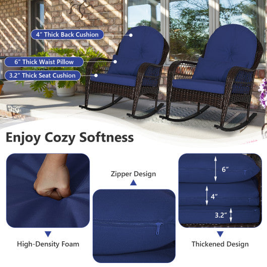 Patio Rattan Rocking Chair with Seat Back Cushions and Waist Pillow-Navy