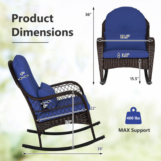 Patio Rattan Rocking Chair with Seat Back Cushions and Waist Pillow-Navy