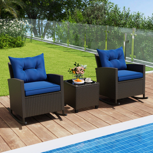 3-Piece Patio Rattan Roker Chairs with Tempered Glass Table and Soft Cushions-Navy