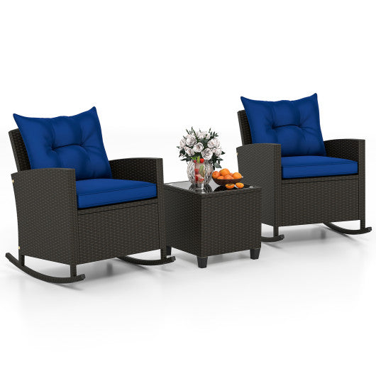 3-Piece Patio Rattan Roker Chairs with Tempered Glass Table and Soft Cushions-Navy
