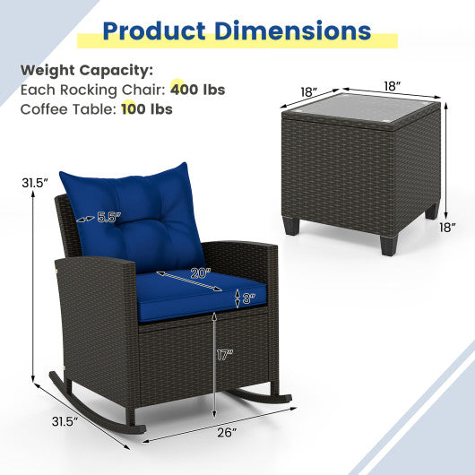 3-Piece Patio Rattan Roker Chairs with Tempered Glass Table and Soft Cushions-Navy