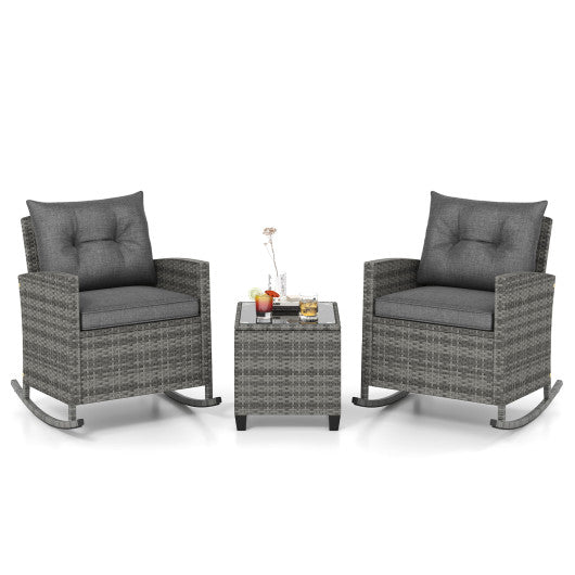 Patio Rattan Roker Chairs with Tempered Glass Table and Soft Cushions for Backyard  Poolside Porch-Gray