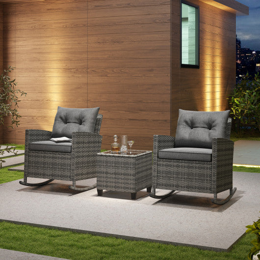 Patio Rattan Roker Chairs with Tempered Glass Table and Soft Cushions for Backyard  Poolside Porch-Gray