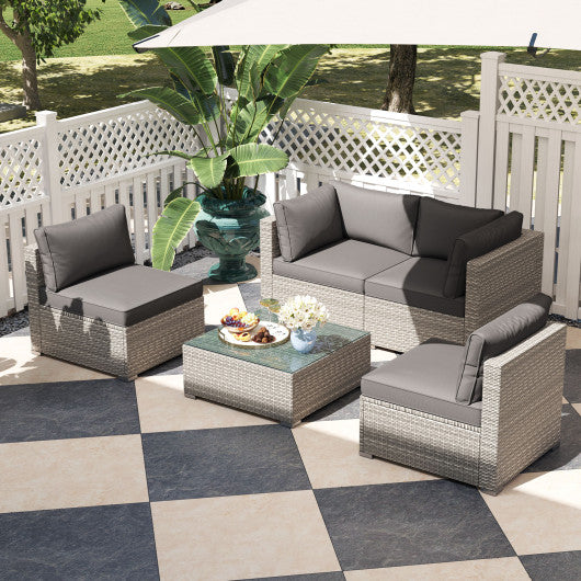 5-Piece Outdoor Patio Sectional Sofa Couch and Glass Coffee Table with Cushions-Gray