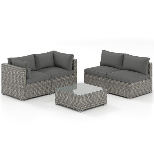 5-Piece Outdoor Patio Sectional Sofa Couch and Glass Coffee Table with Cushions-Gray
