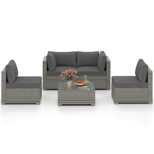 5-Piece Outdoor Patio Sectional Sofa Couch and Glass Coffee Table with Cushions-Gray
