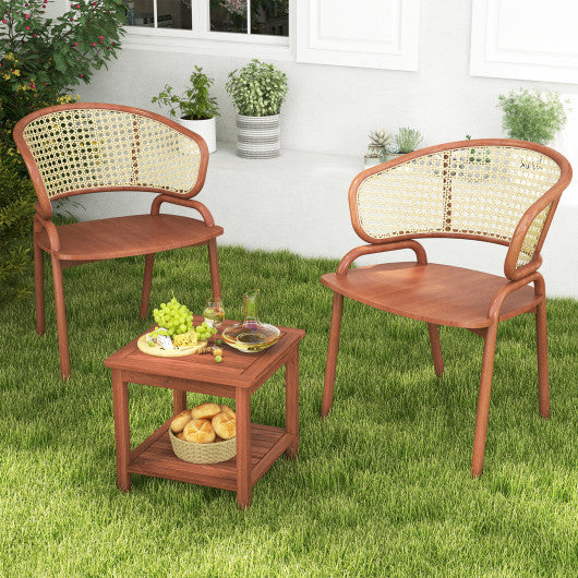 Set of 2 Double-Tier Acacia Wood Patio Side Table with Slatted Tabletop and Shelf