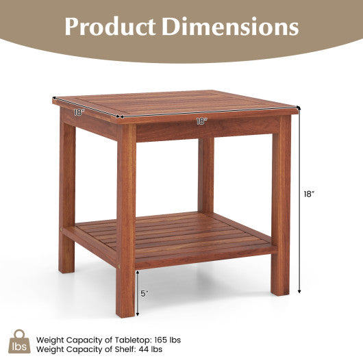 Set of 2 Double-Tier Acacia Wood Patio Side Table with Slatted Tabletop and Shelf