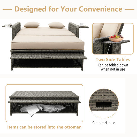 Patio Wicker Loveseat Sofa with Multipurpose Ottoman and Retractable Side Tray-Beige