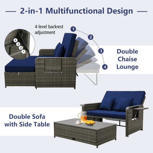 Patio Wicker Loveseat Sofa with Multipurpose Ottoman and Retractable Side Tray-Navy