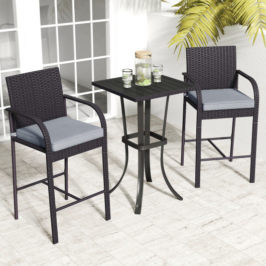 3-Piece Patio Wicker Rattan Bar Height Chairs and Square Table Set-Black