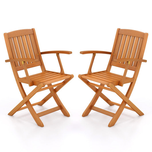 Patio Wood Folding Chair Set of 2 with Armrests and Slatted Seat