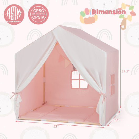 Kid's Play Tent with Washable Cotton Mat and Flag Banner-Pink