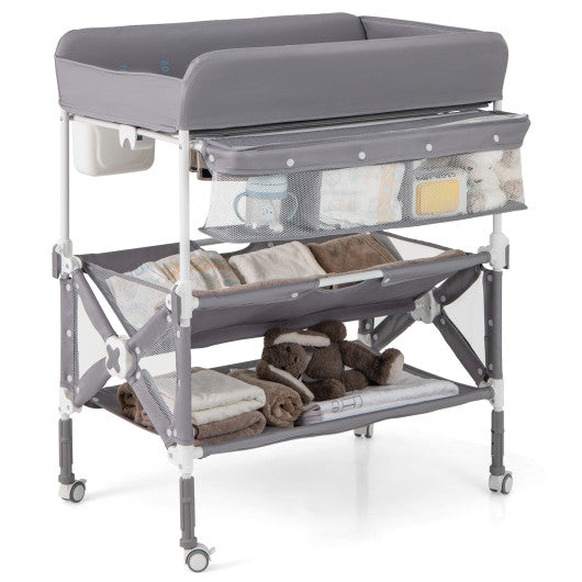 Portable Baby Changing Table with Wheels and Large Storage Rack-Gray